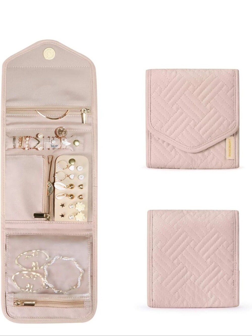 BAGSMART Travel Jewelry Organizer Case Foldable Roll Small, Soft Pink